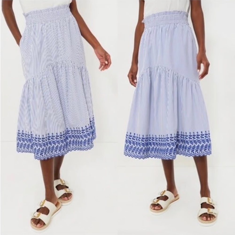 NWT Tuckernuck Cinza Embroidered Blue Striped Midi Skirt Women's Size XS N